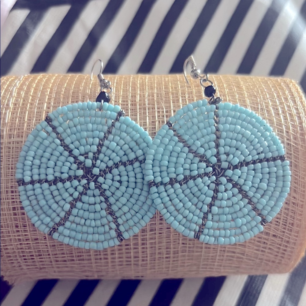 African Boho Round Disc Beaded Earrings Turquoise Blue